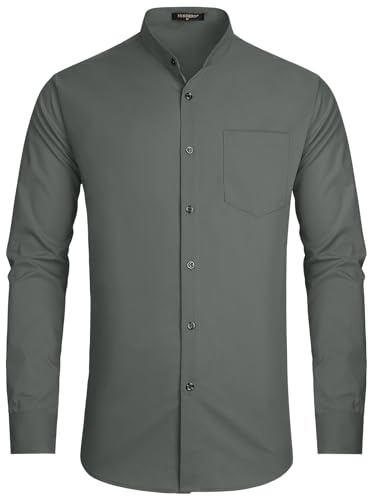 HISDERN Grandad Collar Dress Shirt for Men Casual Wedding Long Sleeve Grey Mens Shirt Button Down with Pocket XXXL