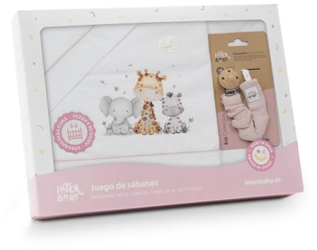 Juego de Sabana para Cuna 60x120cm (3 Piezas: Bajera, encimera y Funda de Almohada + Chupetero de Regalo) de Algodon 100% Producto Fabricado en España por Interbaby (Rosa, Cuna 60 x 120cm)