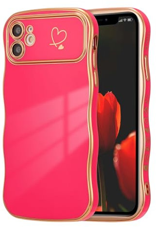 ZTOFERA Compatible with iPhone 12 Case for Girls Women, Cute Curly Wave Frame Shape Soft Silicone Case with Love Heart Pattern Camera Protection Golden Edging Shockproof Cover, Hot Pink