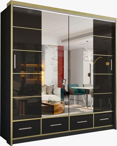 MN Furniture Sudenia High Gloss 2 & 3 Sliding Doors Wardrobe with Mirror, Drawers Cabinet with Storage Cabinets Hanging Rails Art Decor Closet in White, Black and Grey (Black, 203cm)