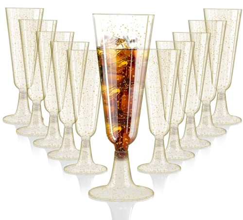 Sektgläser Plastik 25 Stück 150ml Sektgläser Kunststoff Gold Glitter Mehrweg Hochwertig Sektflöten Champagnerflöten Plastik Cocktailgläser Sektbecher für Hochzeiten, Geburtstage, Partys Camping