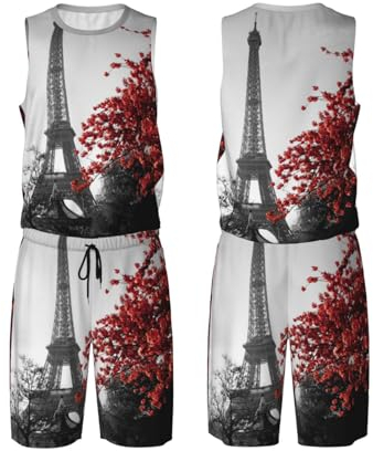 Weltkarte Herren-Basketballuniform-Set – Premium-Basketball-Trikot, Shorts für sportliche Leistung, Basketball-Trainingsausrüstung, atmungsaktive Basketball-Kleidung, Grauer Pariser Turm, L