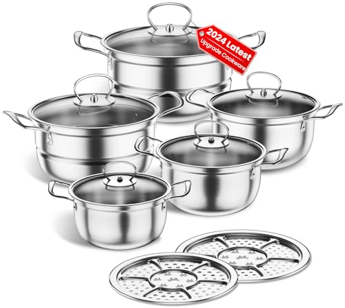 Stainless Steel Cookware Set, 12 Piece Kitchen Induction Cookware Set, Works with Induction/Electric and Gas Cooktops, Kitchen Cooking Set with Glass Lid (Silvery)