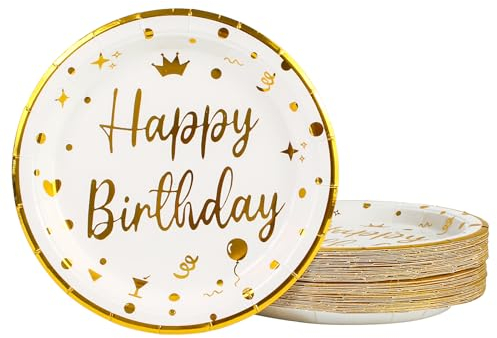 DHAIQC Lot de 50 Assiette Jetable Anniversaire 23cm, Blanc Vaisselle Jetable Anniversaire Assiettes Dessert Assiette Carton pour Barbecue Camping Mariages Fête Anniversaire (Anniversaire Blanc, 23CM)