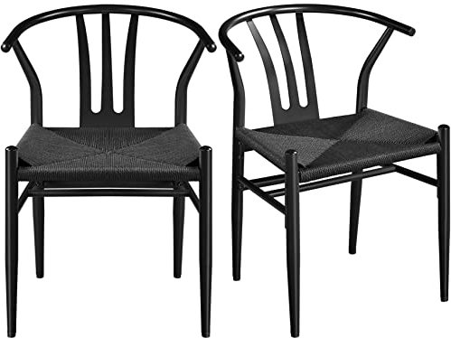 Yaheetech 2pcs Sillas de Comedor Silla de Ratán Estilo Moderno Marco de Metal para Jardin, Comedor, Bar y Restaurante 74x56x55 cm Negro Completo