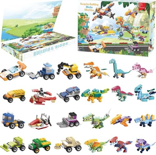 Dazhtu Calendario Avvento 2025 Bambini 24 pezzi Dinosauri e veicoli Mattoni Giocattoli, giocattolo da costruzione Giochi Calendario dell'avvento 24 giorni Idea Regalo per bambini Ragazzi Ragazze