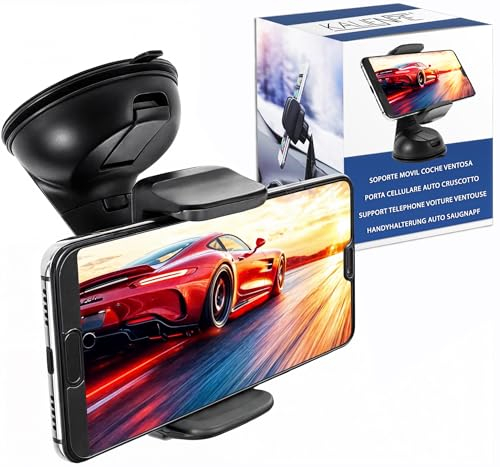 Kalienpie Soporte movil Coche Ventosa salpicadero Parabrisas rotacion 360º posicionamiento Horizontal y Vertical Ajuste Universal Compatible con Smartphones hasta 7,6 Facil Instalacion Negro