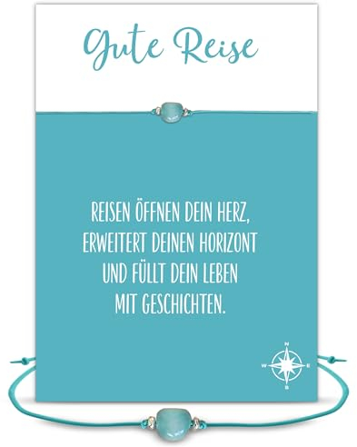 Glücksschmiedin – Reise Geschenk – Glücksbringer Armband mit Aquamarin & Spruchkarte – Abschiedsgeschenk für Weltenbummler & Reisende – Handgefertigt in Deutschland