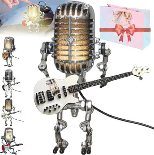 Mic Rockbot, Vueeze Mic Rockbot, Sherum Mic Rockbot, Vintage Microphone Robot Desk Lamp, Metal Microphone Robot Lamp with Mini Guitar,Holding Guitare Vintage Night Light (White)