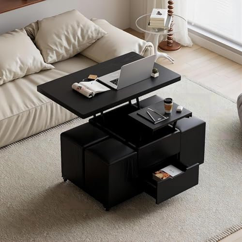 Homary Schwarzer Couchtisch mit Lift-Top und Verstecktem Stauraum, Multifunktionaler 3-in-1 Moderner Couchtisch mit 4 Hockern und Feststellbaren Rollen für das Wohnzimmer (Schwarz)