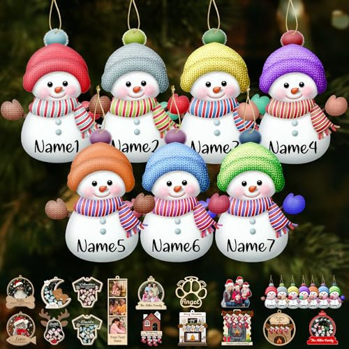 7Pcs Personalised Christmas Ornament Custom Snowman Ornaments with Name Customised Family Wooden Ornament for Xmas Tree Hanging Decoration Gifts