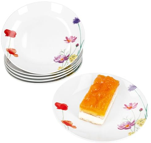 MamboCat Marie 6er Set Kuchenteller I Porzellan-Frühstücksteller mit Blumenwiese-Dekor für 6 Personen I kleine Teller für Salat, Dessert, Fingerfood & Co.