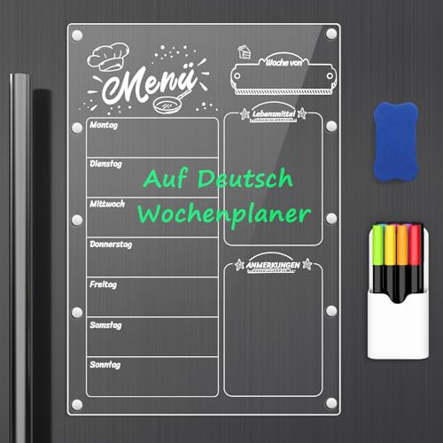 MoKo Magnetischer Wochenplaner für Kühlschrank, 42,5cm x 30cm Deutsch Acryl Wochenplaner Menütafel, Menüplaner Speiseplaner Abwischbar mit 6 Markern, 1 Radiergummi, 1 Halter, Transparent