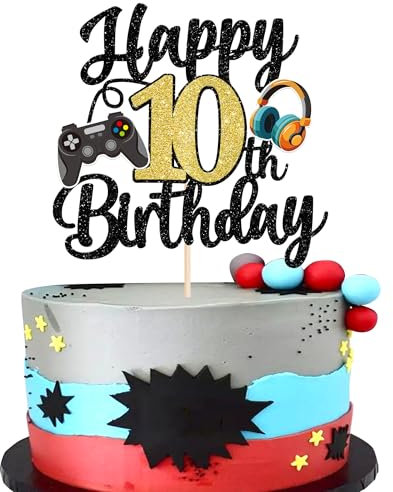 Xsstarmi 1 Pack Happy 10th Birthday Cake Topper Glitter Video Game Theme Birthday Cake Pick Hello 10 Fabulous Cheers to 10 Years Cake Decorations for Game Theme Happy 10th Birthday Party Supplies