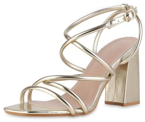 VAN HILL Damen Riemchensandaletten Blockabsatz Basic Party Schuhe 216827 Gold 39