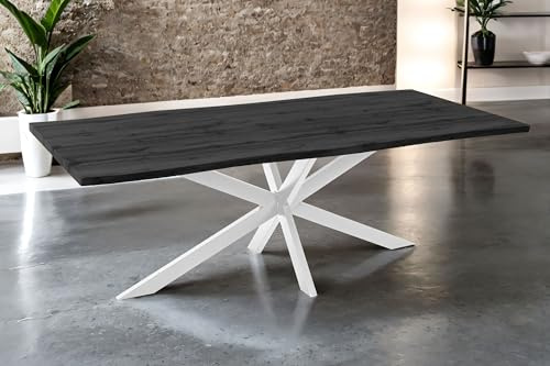 SAM Esstisch Josy 220x100 cm Holz-Optik Grau Spider-Gestell weiß | 40 mm Tischplatte mit Baumkante, Metallgestell, Tisch für Esszimmer & Küche