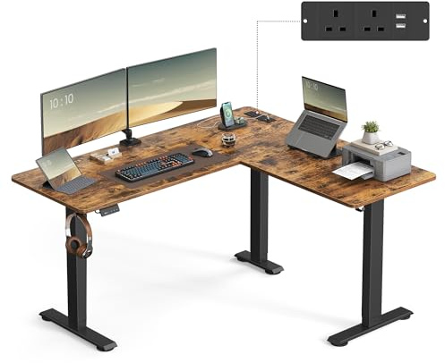 VASAGLE Electric Desk, Height-Adjustable L-Shaped Corner Standing Desk, 160 x 140 cm, with Charging Station, Memory Function with 2 Heights, for Home Office, Rustic Brown and Ink Black LSD264K02