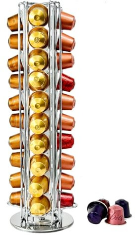 Porte Rangement pour Nespresso Capsules de Café, Supports pour 40 Capsules de Café Argent, 360 Degrés Rotable Range Coffee Capsule Stands, Distributeur de Capsules, Support de Rangement Dosette