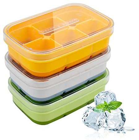 3Pcs Silicone Ice Cube Tray with Lids - Easy-Release Large Ice Moulds for Whiskey, Cocktails & Baby Food, BPA Free & Dishwasher Safe, Stackable Freezer Trays (6-Cube Design)