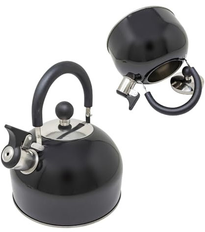 2.5 Litre Stainless Steel Camping Whistling Kettle for Fishing, Hiking, Holiday - Portable Travel Teapot Kettle for Gas Stove Hob, Electric Stove, Camp Fire | Lightweight, Phenolic Handle - 2.5L Black