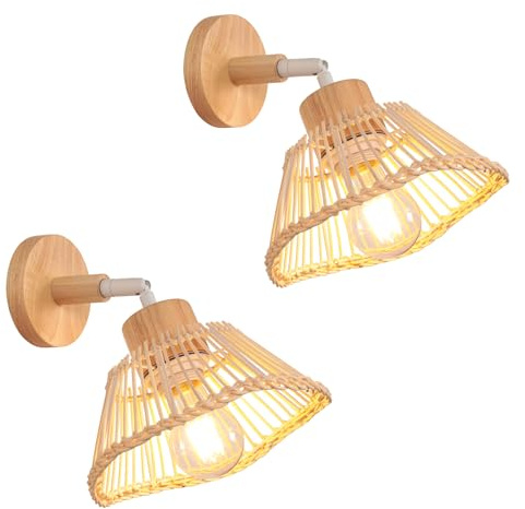 DLGLOLIN Lot de 2 Applique murale en Bambou Tissée Lampe Murale en Bois Intérieures Réglable Luminaire Applique Vintage pour Chambre Salon Couloir Restaurant