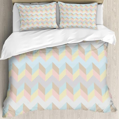 MJNLYDAO Bedding duvet set Reversible soft print set Hypoallergenic glue cover Bedding kit with 2 pillowcases,seamless pastel cute pattern of diagonal and horizontal zigzag and stripes,178x208cm
