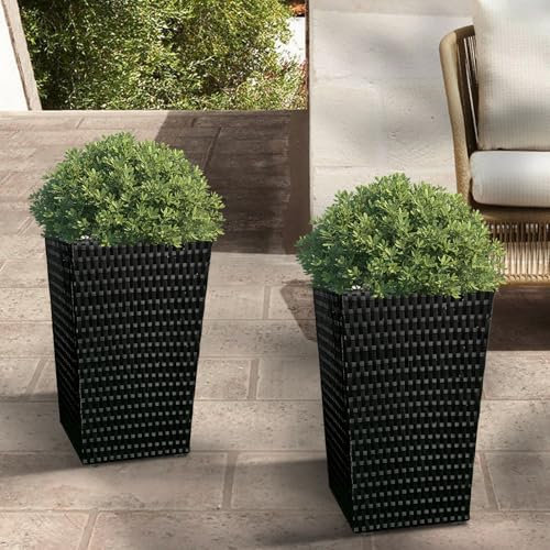 SJGUOJI 2 Pack Rattan Wicker Planters with Removable Liner Large Indoor Outdoor Planter Flower Plant Pots Garden Patio Front Porch 60.5cm (H) x 35.5cm (W) x 35.5cm (D) (Black)