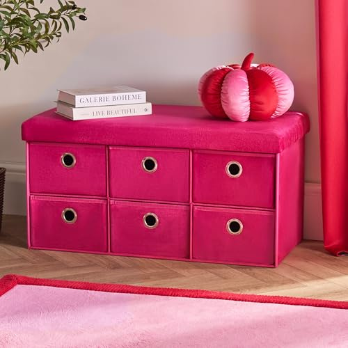 OHS 6 Fabric Drawers Storage Unit, Matte Velvet Upholstered 6 Cube Drawer Storage Chest of Drawers with Metal Handle Cube Storages Unit Organizer for Bedroom Livingroom, Bright Pink