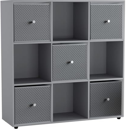 URBNLIVING 9 Cube Storage Unit with 5 Foldable Fabric Drawers, Wooden Freestanding Bookcase Shelf Organiser, Modern Cube Shelving for Bedroom, Office, Living Room, Toys, Clothes & Books