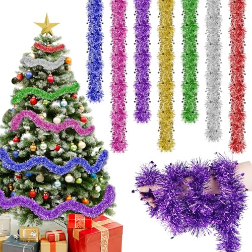 Joxessaien Lametta Weihnachtsbaum 4 Stück × 2 m – Weihnachtsgirlande 8 m Weihnachtsdeko Lametta Girlande in Gold Blau Grün Weiß – Christbaum Deko für Innen & Außen (Gold-Glocken)