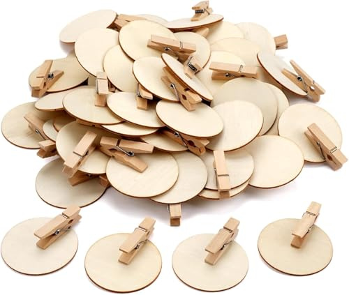 CUEMOON 50 Stück Klammern Adventskalender,48 mm Holzklammern Rund, Wäscheklammern Weihnachten,Holzklammern zum Beschriften für Aufkleber Basteln Geschenktüten DIY