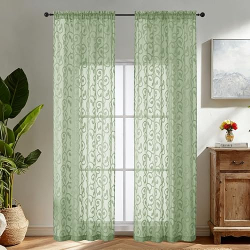 Simplebrand Sage Green Sheer Voile Curtains with Embroidered Pattern, 2 Panels 140x229cm, Dual Rod Pocket Light Filtering Patio Door Curtains