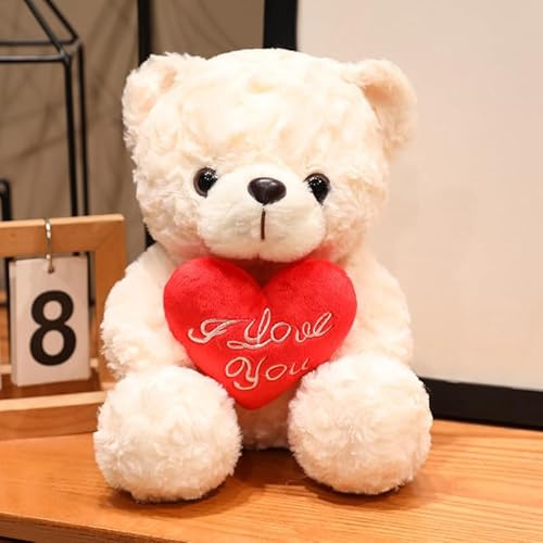 Qianderer Valentines Day Teddy Bear Plush Toy, Cuddly Christmas Cute Soft Plush Toy With Rose,Christmas Stuffed Pillow Doll, Xmas Stuffed Animals Gifts for Kids Girlfriends Boyfrieds (Pure White, M)