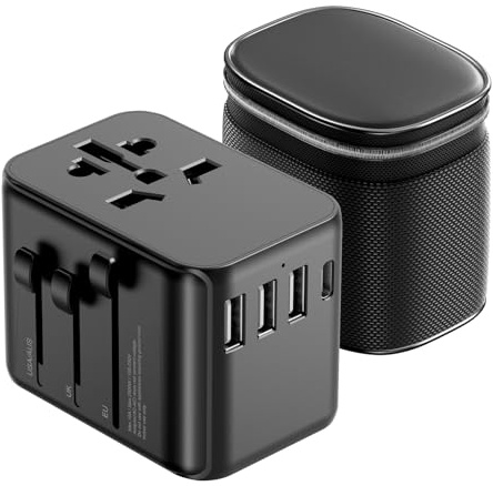 Universal Travel Adapter with 1 USB-C & 3 USB-A Ports, Worldwide Plug Adapter with Universal AC Socket, Dual 10A Fuses, International Power Adapter for UK EU US AU (with Carry Pouch)