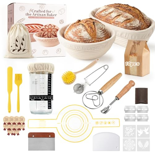UPOMGGE Banneton Pour Pain, Kit Boulangerie Levain | Corbeille a Pain en Rotin Naturel 23 cm Rond et 25 cm Ovale,Panier Fermentation Pain set pour les Débutants et Professionnels