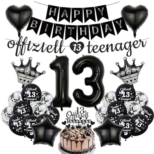 Deko 13 Geburtstag Junge Teenager – 31 Stück Schwarz Silber 13. Geburtstag Happy Birthday Banner, offizielle Teenager Flagge, Pailletten Luftballons, Kuchenaufsatz für 13 Jahre Junge Deko