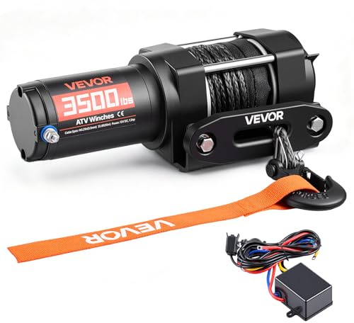 VEVOR 3500 lbs Electric Winch, 12V DC ATV/UTV Winch with Φ0.21 in x 32.8 ft Synthetic Rope & Wired Remote Control, IP55 Waterproof, Aluminum Housing Fairlead Mount Plate for Towing ATV, Black
