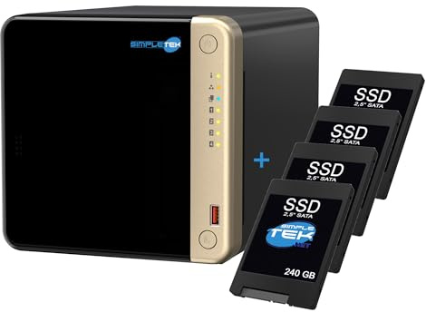 SIMPLETEK - Professional 4-Bay NAS - 4x SSD 240GB - Quad-Core 2.0GHz - 8GB RAM (Max 16GB) - 2 M.2 NVMe Slot - PCIe Slot - 2.5GbE - HDMI