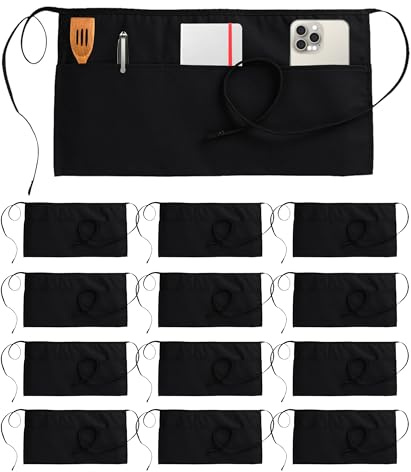 Utopia Wear 12 Pack Server Aprons with 3 Pockets, Waiter and Waitress Waist Aprons for Women with Pockets, Men Short Aprons (Black)