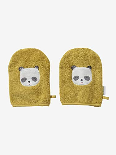 VERTBAUDET Lot de 2 gants de toilette Panda jaune curry TU