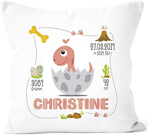 SpecialMe® Geburtskissen Mädchen Dino Dinosaurier, personalisierbares Kissen zur Geburt, Geburt Geschenk Baby, Kissen-Bezug ohne Füllung weiß Unisize