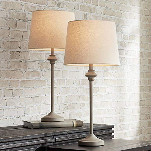 360 Lighting Lynn Country Cottage Rustic Buffet Table Lamps 26 3/4 Tall Skinny Set of 2 Light Beige Wood Oatmeal Fabric Tapered Drum Shade for Living Room House Home Dining Office Entryway Family