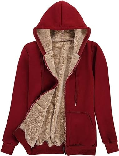 AOTORR Ladies Winter Warm Coats Womens Plain Full Zip Fleece Lined Hoodie Jacket Wine Red Large