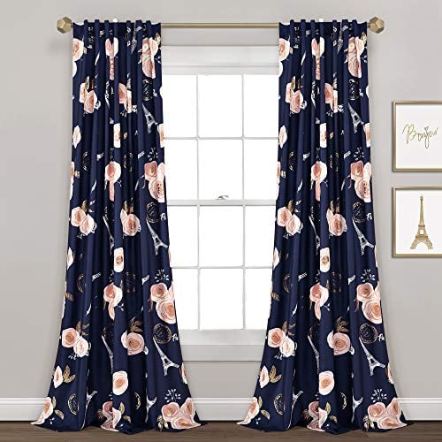 Lush Decor Navy Vintage Paris Rose Butterfly 2-Piece Window Curtain Panel Set, Long Floral Polyester Themed Pattern (84 x 52)