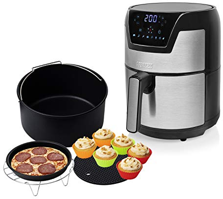 Princess Heißluftfritteuse mit 4,5 Liter, Digitales Display, 8 Voreinstellungen, 4,5L Fassungsvermögen, 80-200°, Edelstahlausführung + 10-teiliges Zubehör-Set für XL Heißluftfritteuse 4,5L & 5,2 Liter