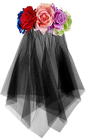 Couronne de Fleurs Rose avec Voile Noir Halloween Bandeau Serre-tête Femme Guirlande Florale Vintage Couvre Chef Gothique Medieval Fête Festival Coiffe de Deguisement Cosplay Accessoire de Cheveux