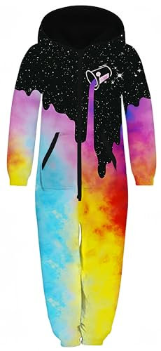 Ocean Plus Unisex Langarm Reißverschluss Kapuze Fleece Overall Jungen Digitaldruck Fleece Mädchen Einteiler mit Kapuzen Schlafoveralls (XL (Körpergröße: 155-160 cm), Farbige Milchbecher)