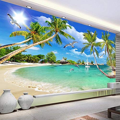 BYSQX Vlies Tapeten Wandtapete Strand Wellen Palmen Delfine 3D Wandbild Tapete Vlies Tapete Wandtapete Tapete Wohnzimmer Wanddekoration Fototapete 3D Tapete Effekt Wandbild 250X175Cm