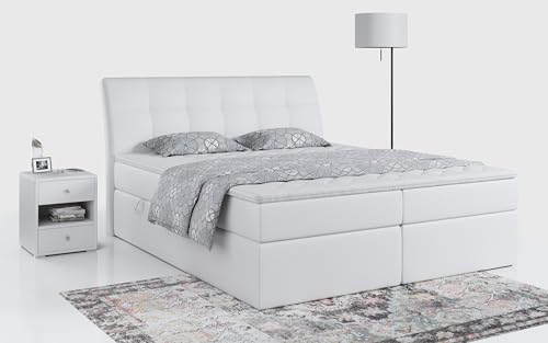 MKS MEBLE Boxspringbett 120x200 Weiß Kunstleder, Bett mit Multipocket Matratze H3 und Topper T25, Polsterbett 120x200 mit Bettkasten und Kopfteil, DIEGOS
