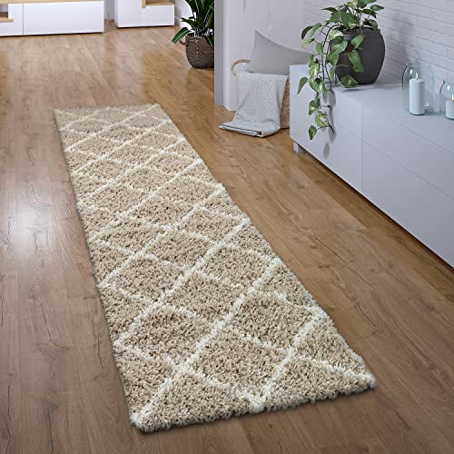 Paco Home Hochflor Teppich Läufer Flur Schlafzimmer Wohnzimmerteppich Shaggy Langflor Modern Skandinavisch Rautenmuster, Grösse:80x300 cm, Farbe:Beige